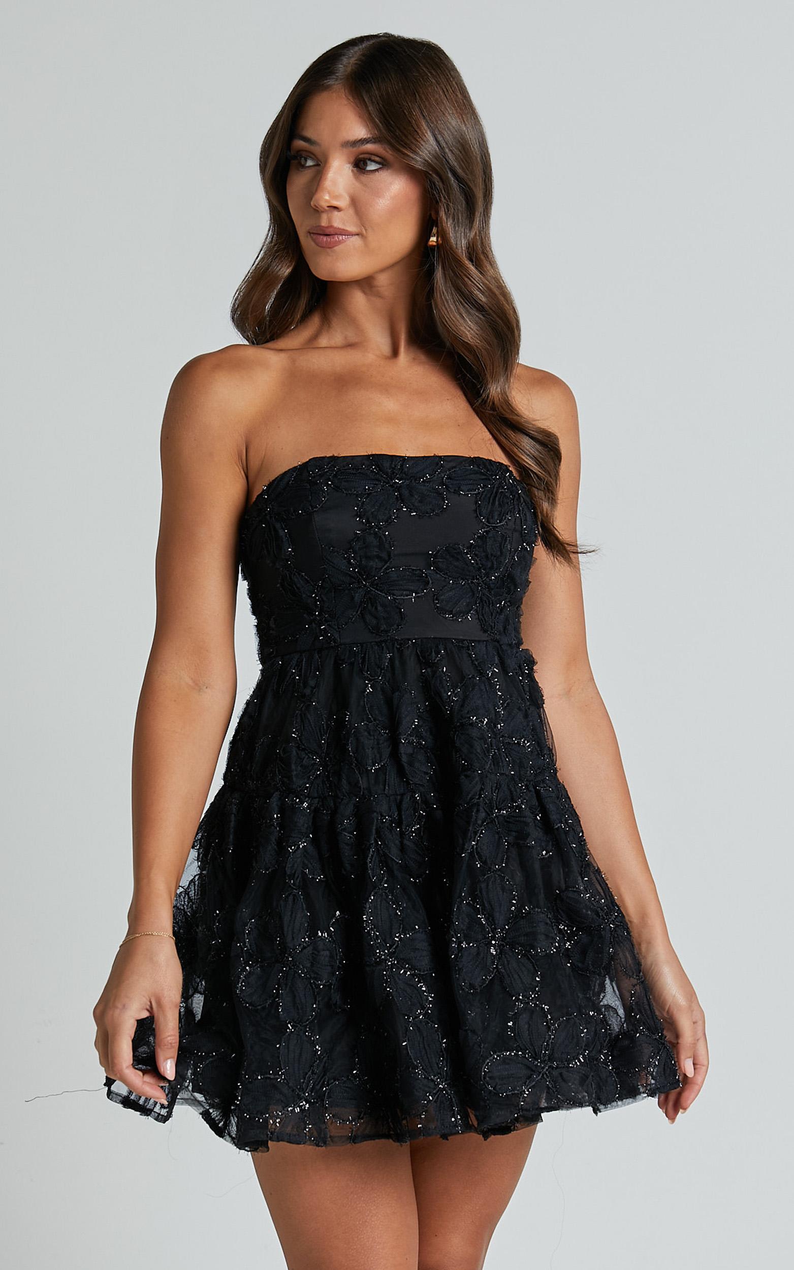 marzy mini dress - strapless floral detail lace fit and flare dress in black