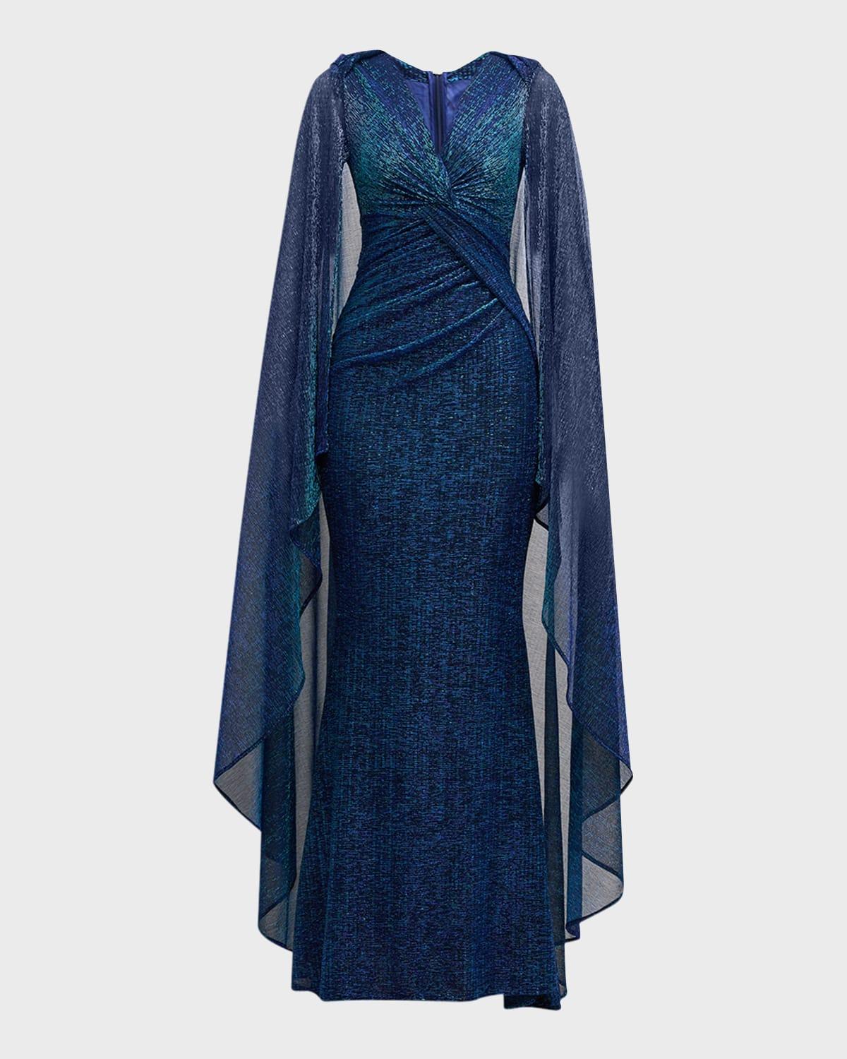 matrix metallic cape twisted trumpet gown