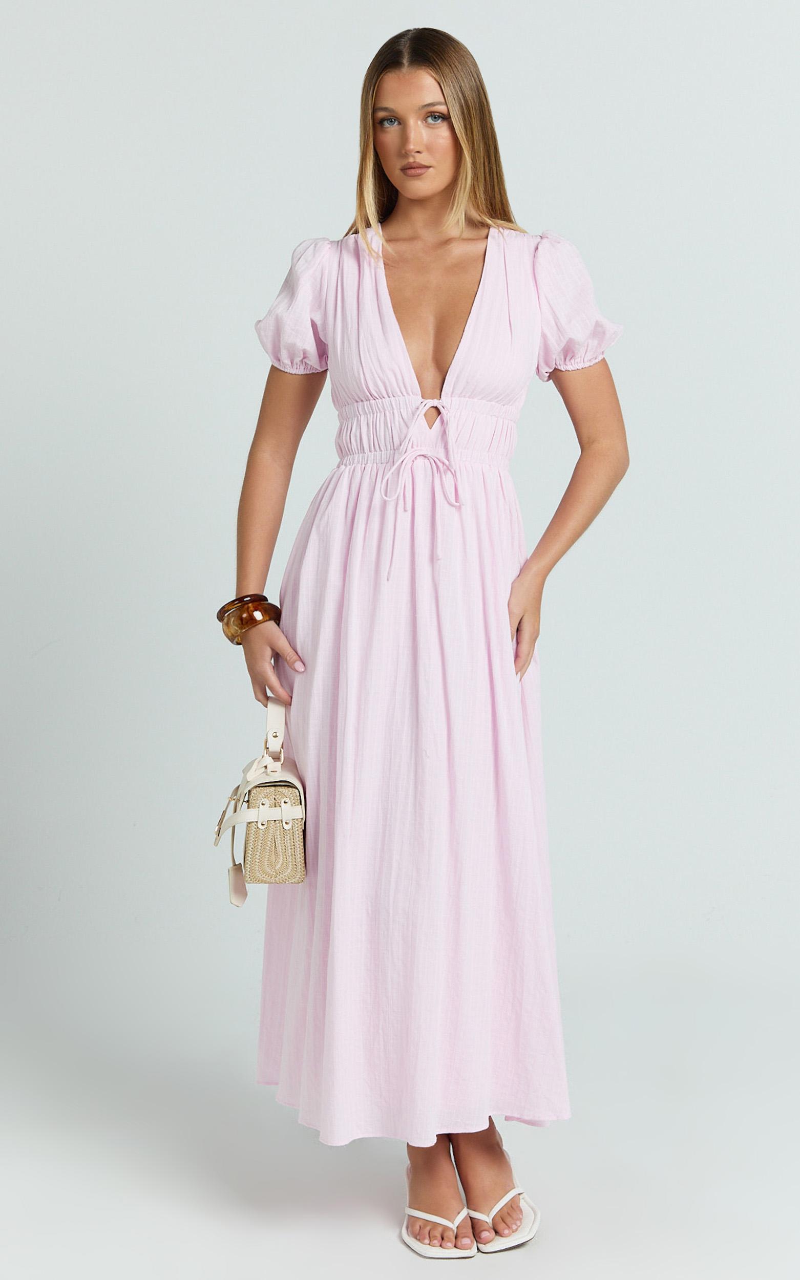 matteo midi dress - deep v neck puff sleeve dress in pink
