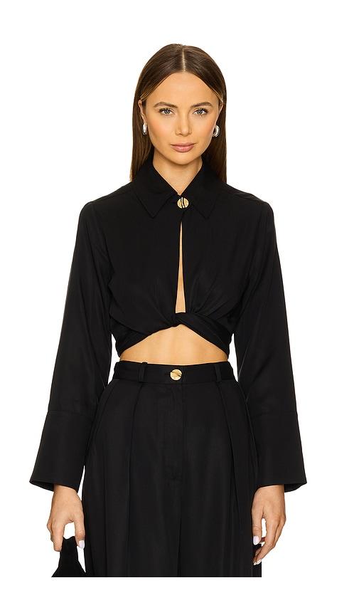 matthew bruch collared long sleeve wrap top in black.