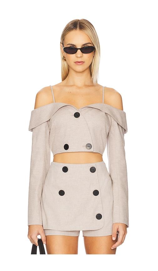 matthew bruch off shoulder double-breasted top in beige.
