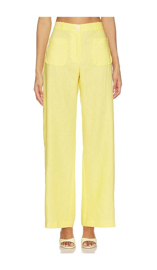 matthew bruch pleated barrel button pocket pant in yellow.