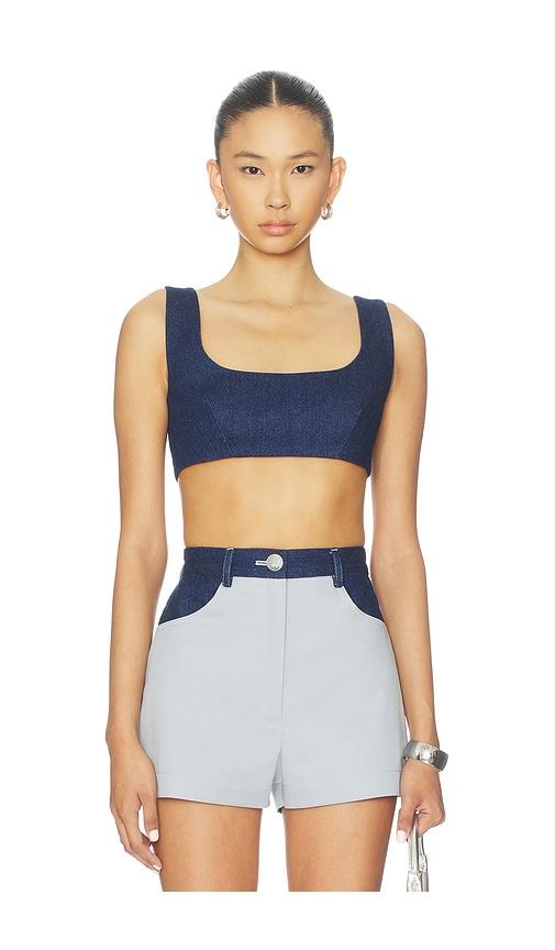 matthew bruch tie back crop top in blue.
