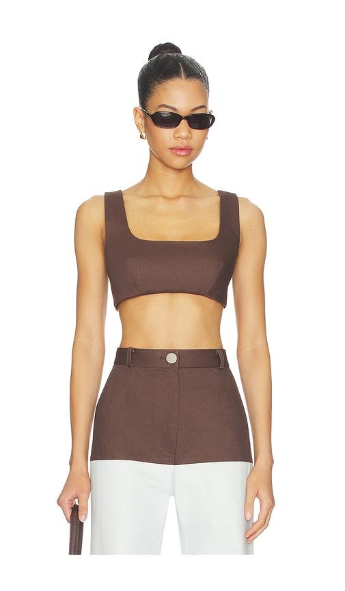 matthew bruch tie back crop top in chocolate.