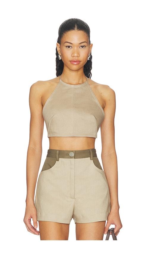 matthew bruch tie halter crop top in taupe.