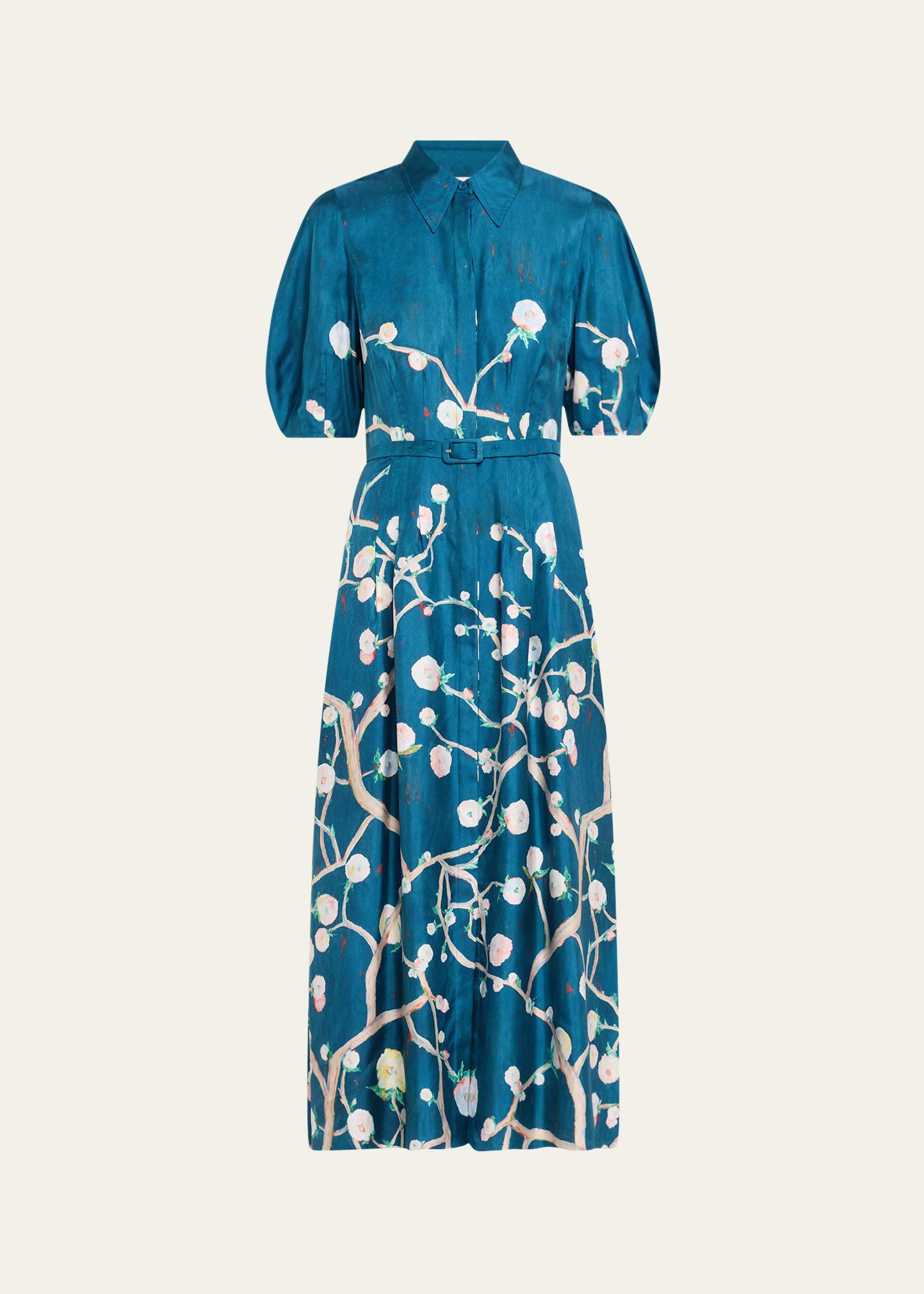 maude floral pleated midi shirtdress with belt