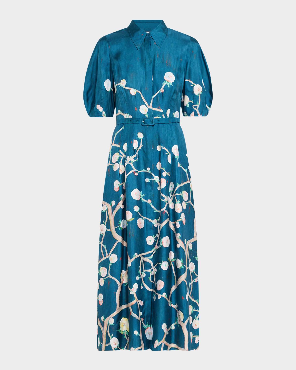 maude floral pleated midi shirtdress with belt
