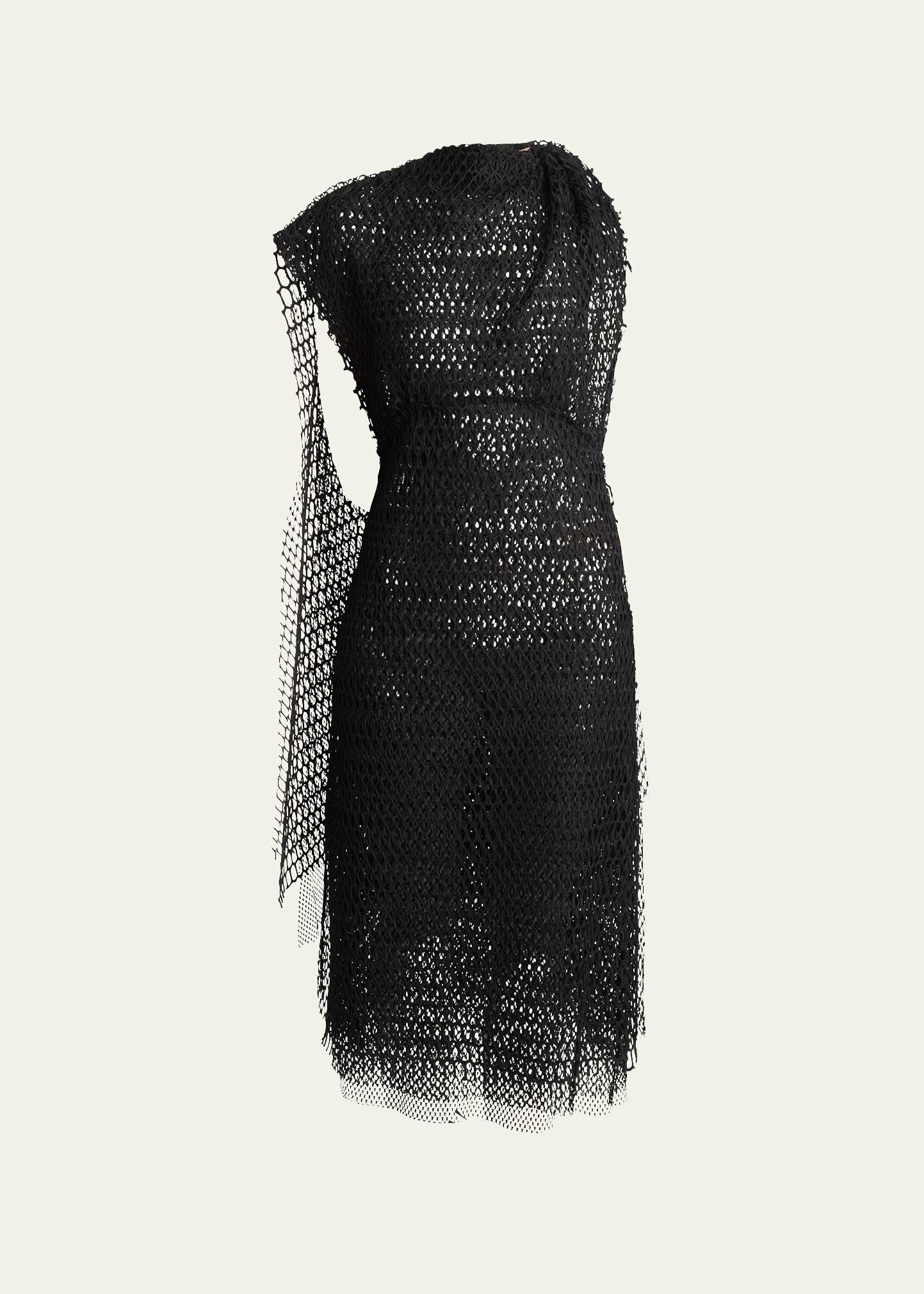 maude geometric lace cape midi dress