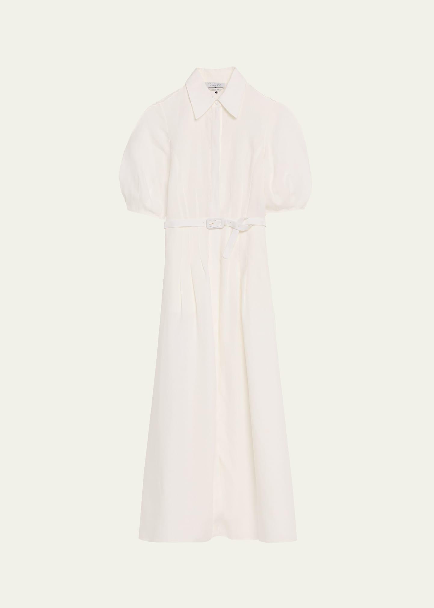 maude linen puff-sleeve belted midi shirtdress