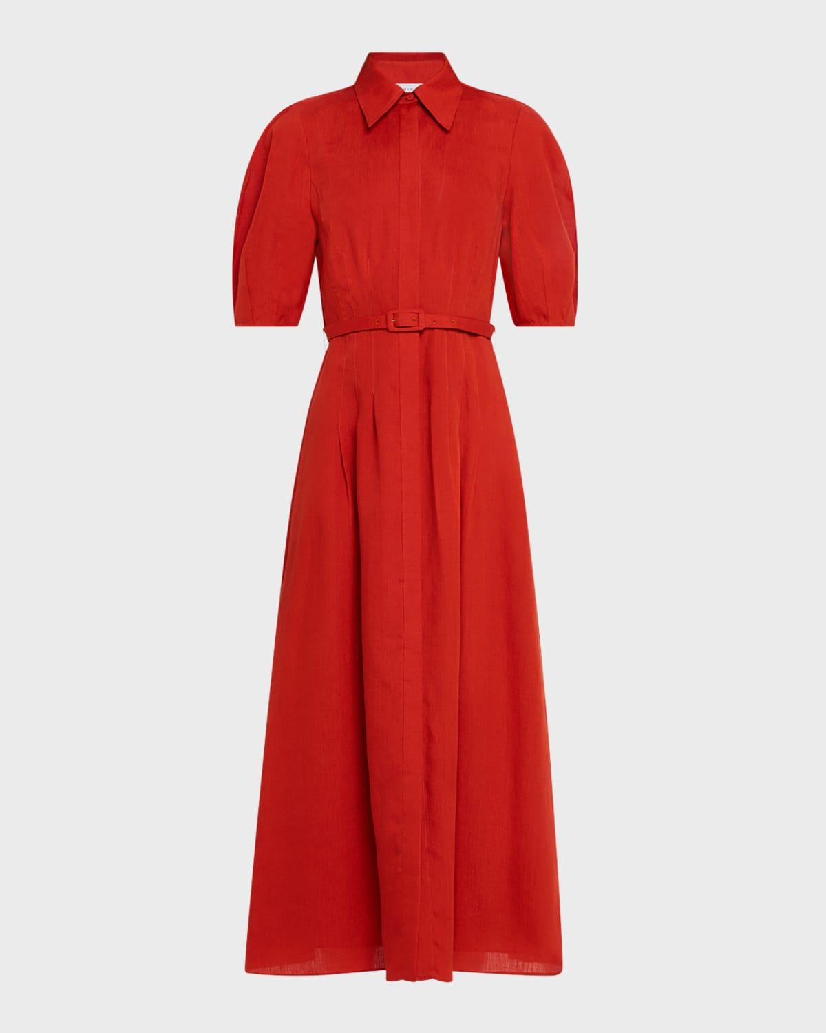 maude puff-sleeve belted linen midi shirtdress