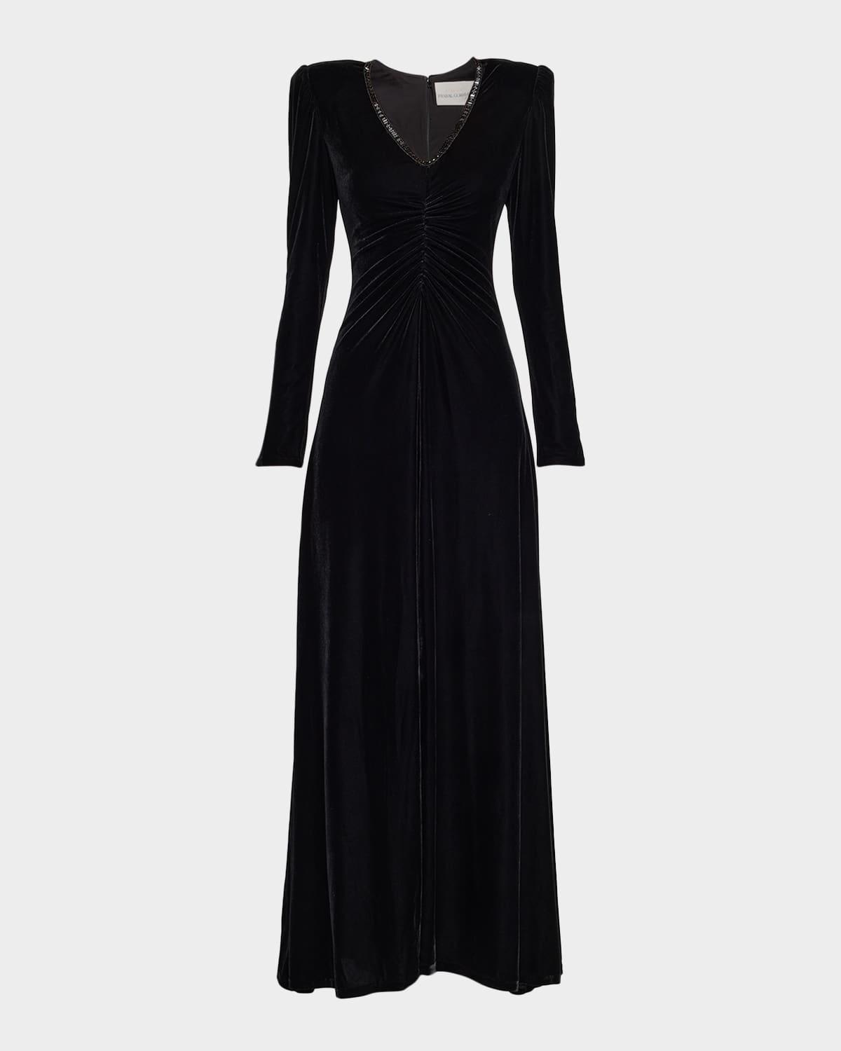 maude ruched bead-trim gown