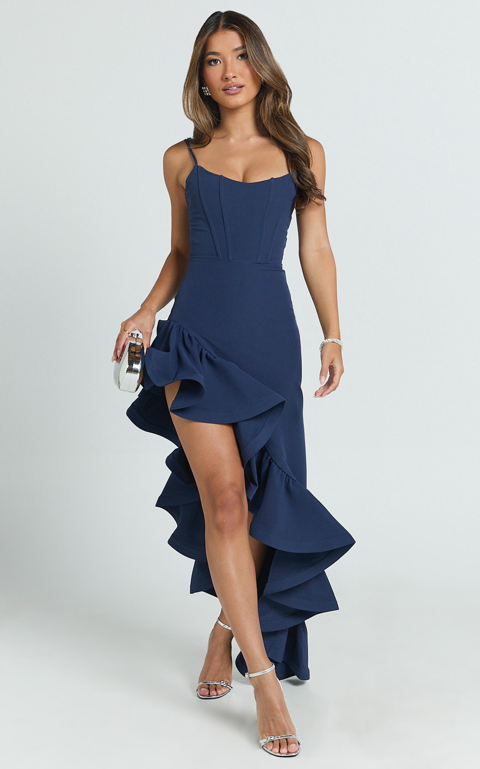 maura maxi dress - scoop neckline ruffle high low dress in navy