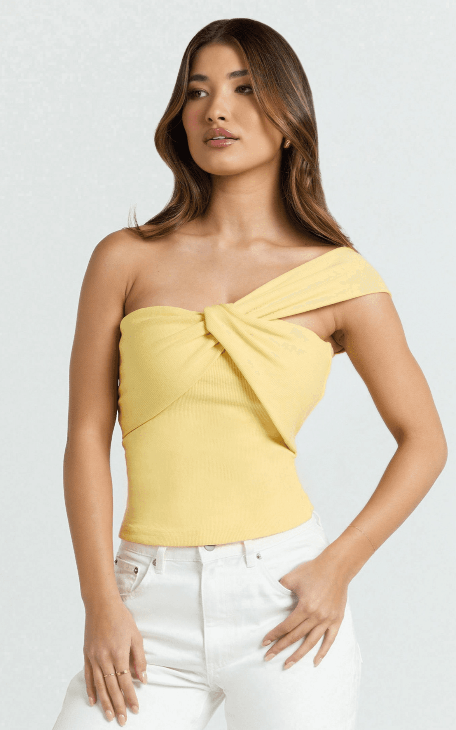 maura top - one shoulder twist top in lemon
