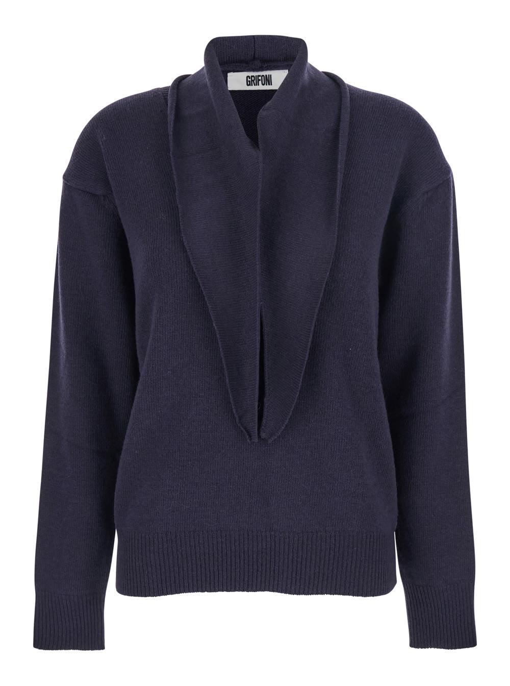 mauro grifoni blue sweater with v neck and ribbed trims in wool woman