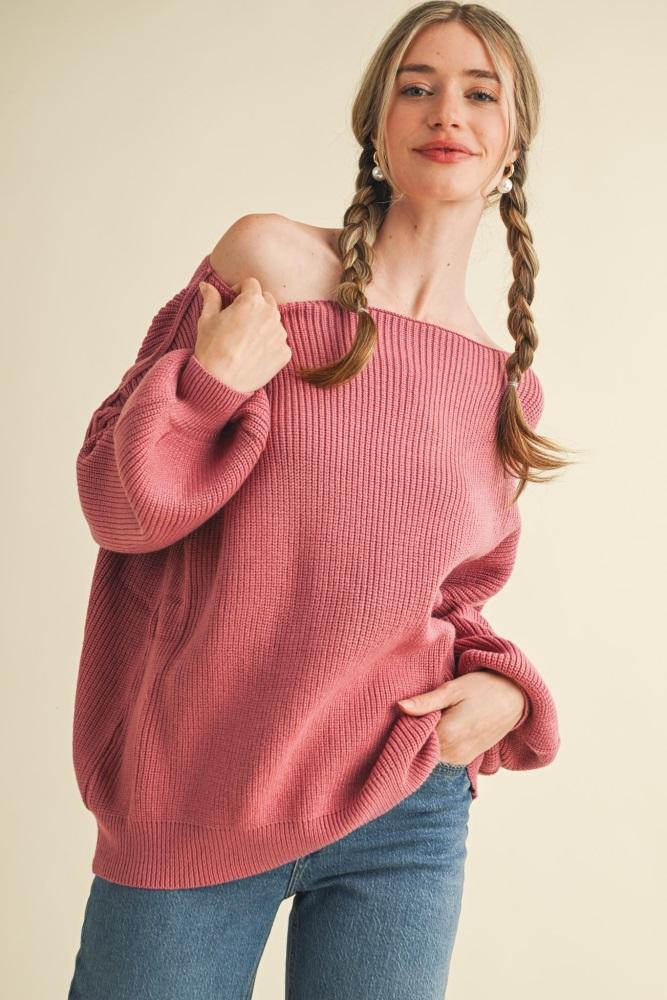 mauve balloon sleeve boat neck knit sweater