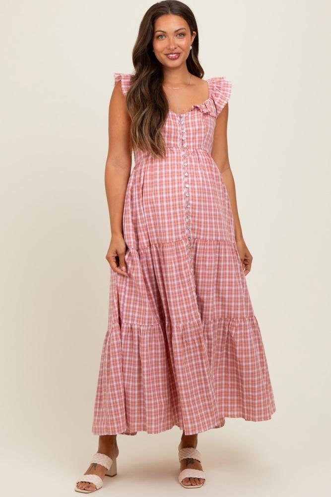 mauve cotton plaid maternity maxi dress