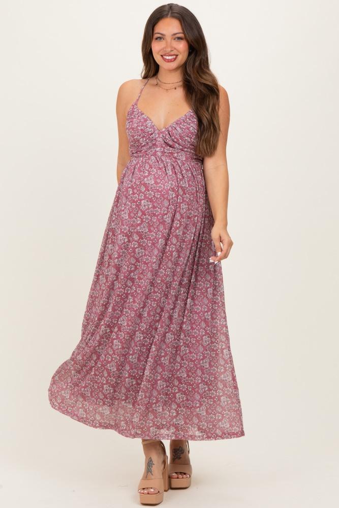 mauve criss-cross back mesh maternity dress