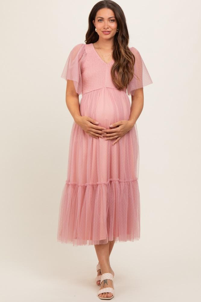 mauve dotted tulle smocked maternity midi dress