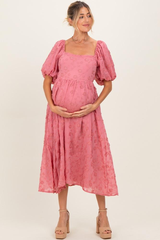 mauve embroidered floral puff sleeve maternity midi dress