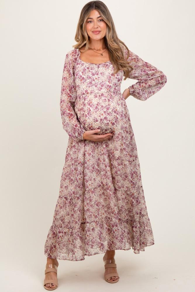 mauve floral floral chiffon maternity maxi dress