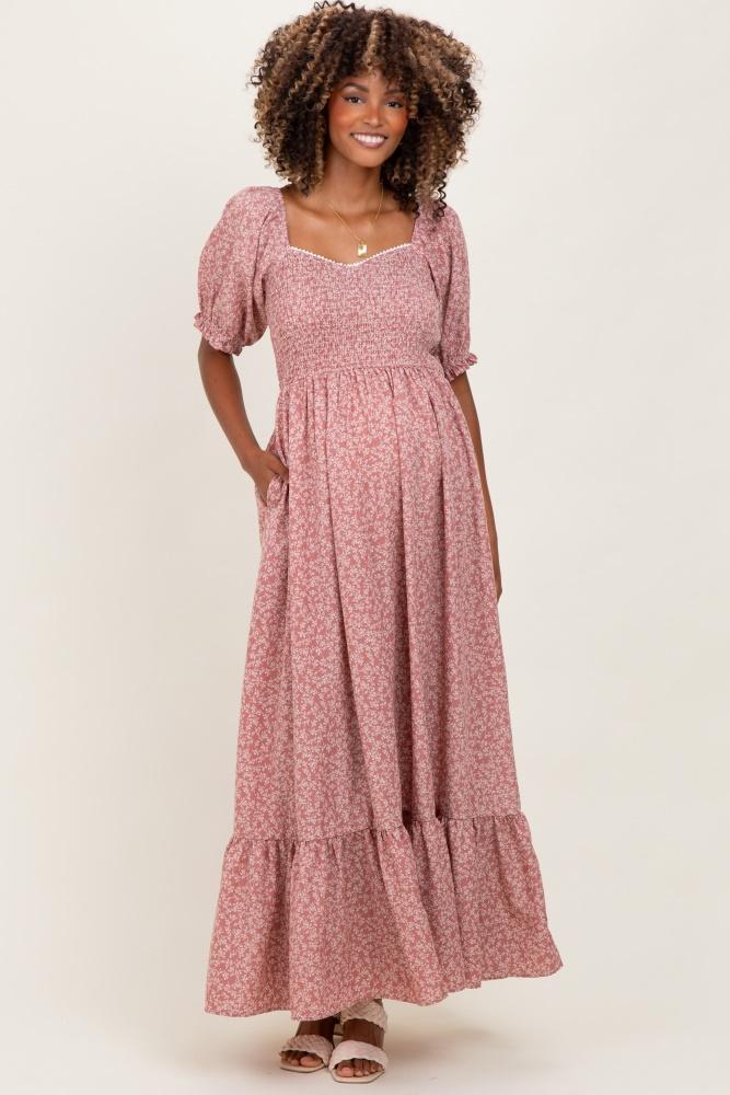 mauve floral lace trim smocked maternity maxi dress