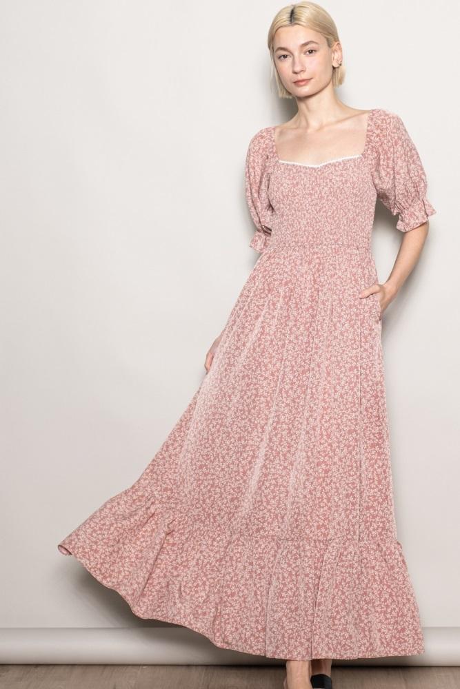 mauve floral lace trim smocked maxi dress