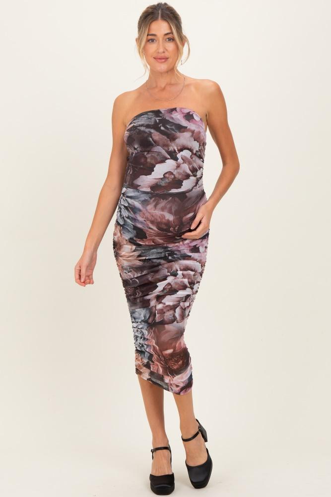 mauve floral mesh strapless ruched maternity midi dress