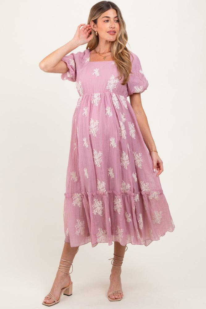 mauve floral print ruffle hem maternity midi dress