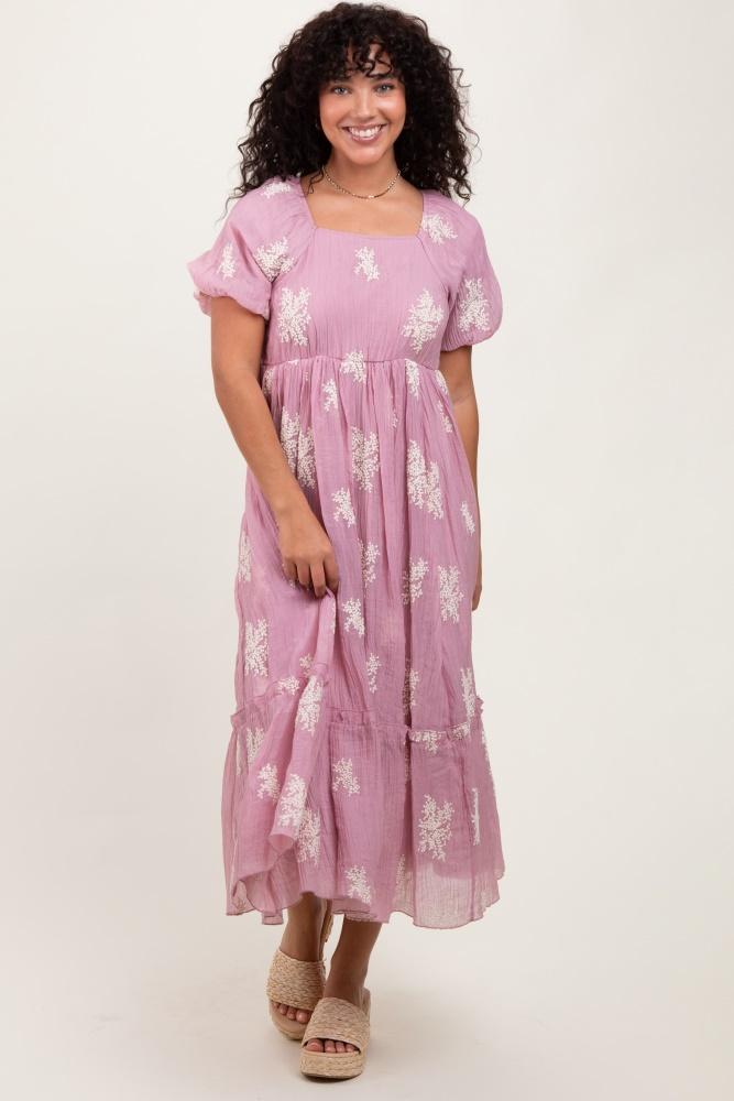 mauve floral print ruffle hem midi dress