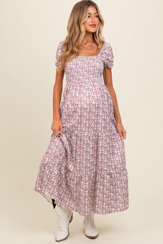 mauve floral puff sleeve smocked maternity maxi dress