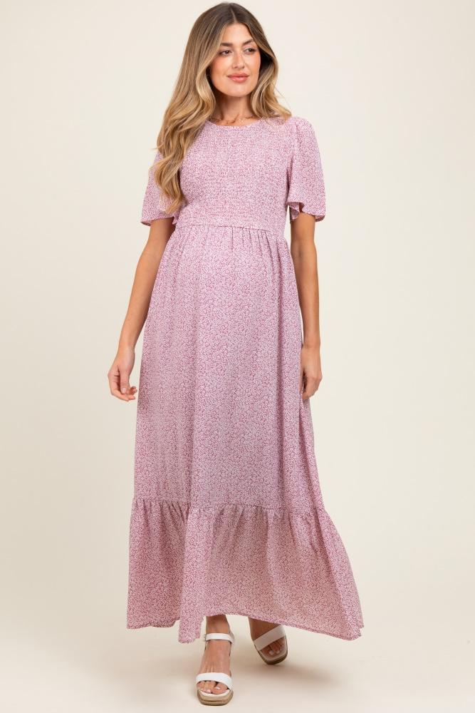 mauve floral smocked maternity midi dress