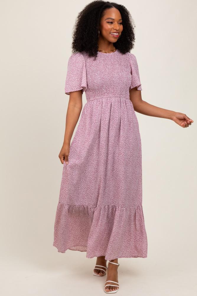 mauve floral smocked midi dress