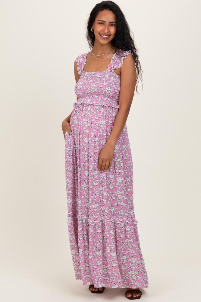 mauve floral smocked ruffle accent maternity maxi dress