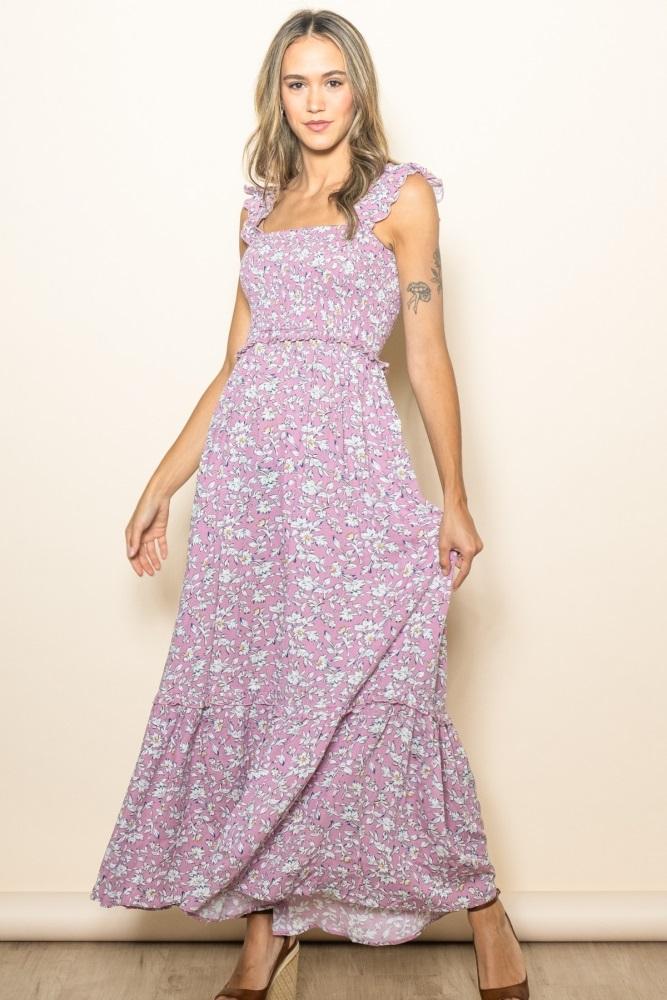 mauve floral smocked ruffle accent maxi dress