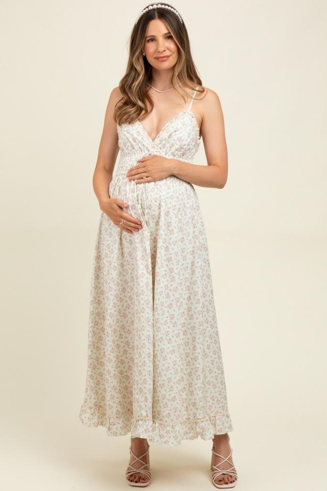 mauve floral smocked waist ruffle accent maternity midi dress