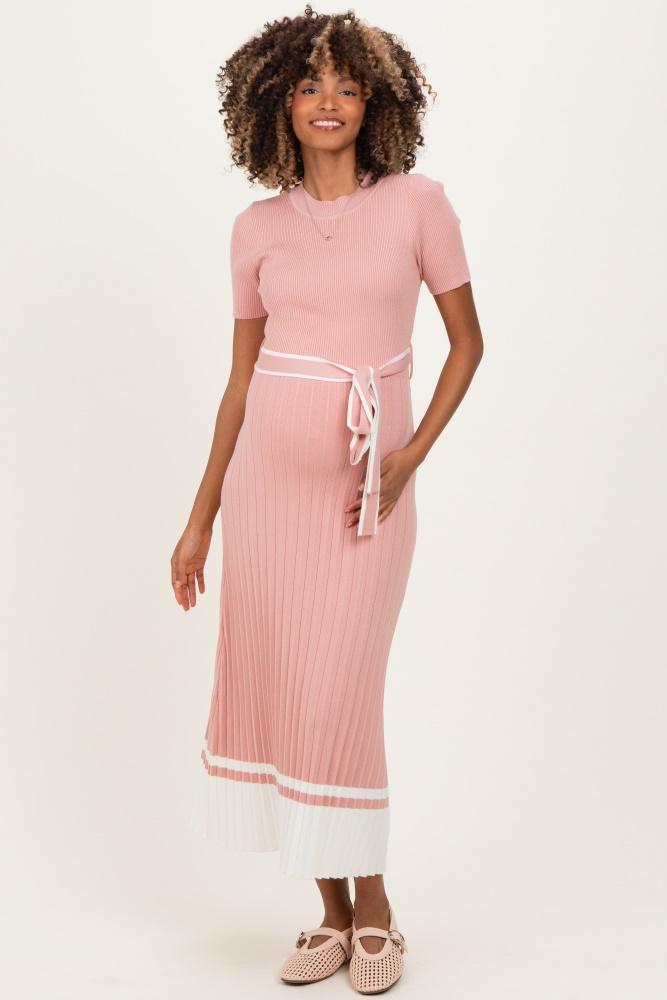 mauve knit pleated sash tie maternity midi dress
