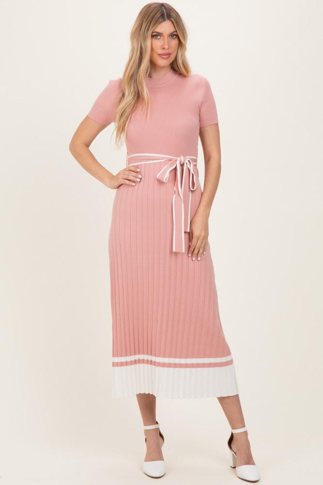 mauve knit pleated sash tie midi dress