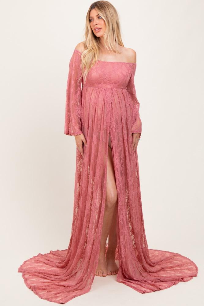 mauve lace long sleeve off shoulder slit draped maternity photoshoot dress