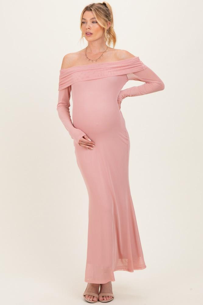 mauve mesh overlay off shoulder long sleeve maternity midi dress
