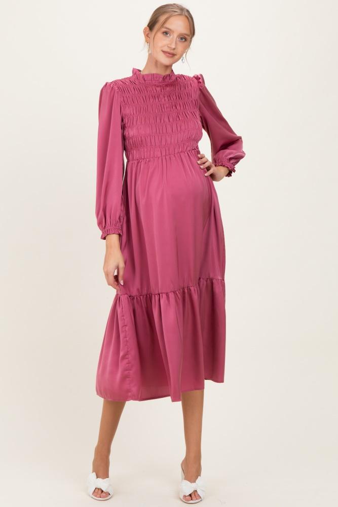 mauve mock neck satin smocked chest maternity dress