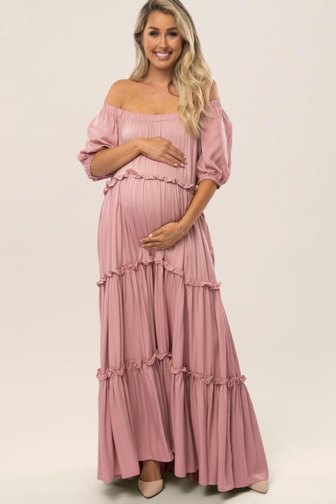 mauve off shoulder ruffle tiered maternity maxi dress