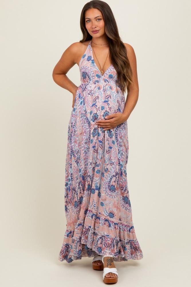 mauve paisley halter v-neck cutout maternity maxi dress