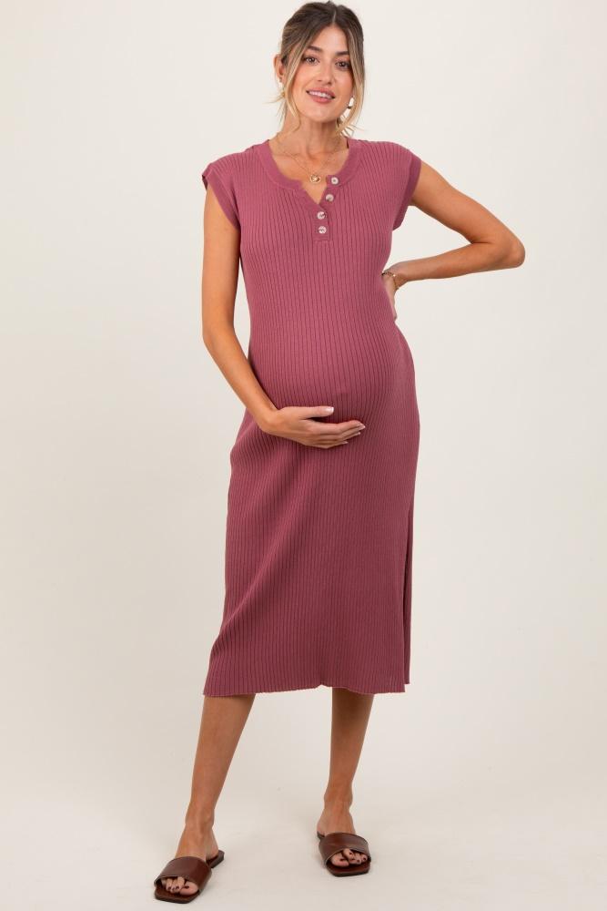 mauve ribbed knit button up sleeveless maternity midi dress