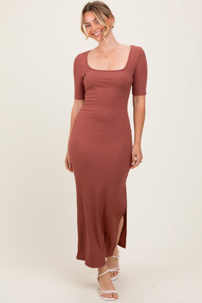 mauve ribbed short sleeve side slit midi dress