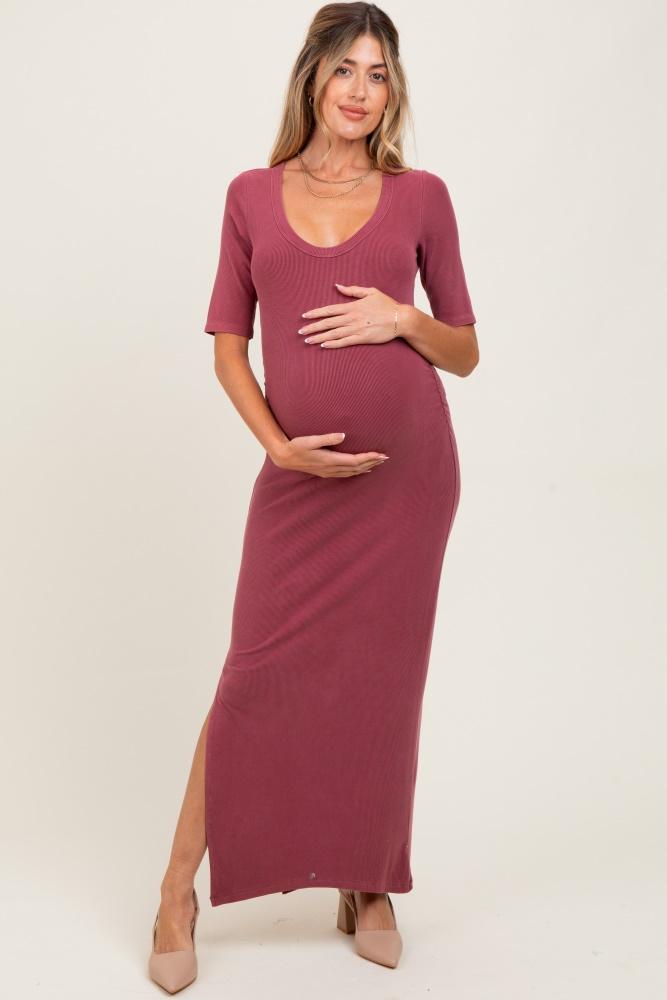 mauve ruched short sleeve side slit maternity midi dress