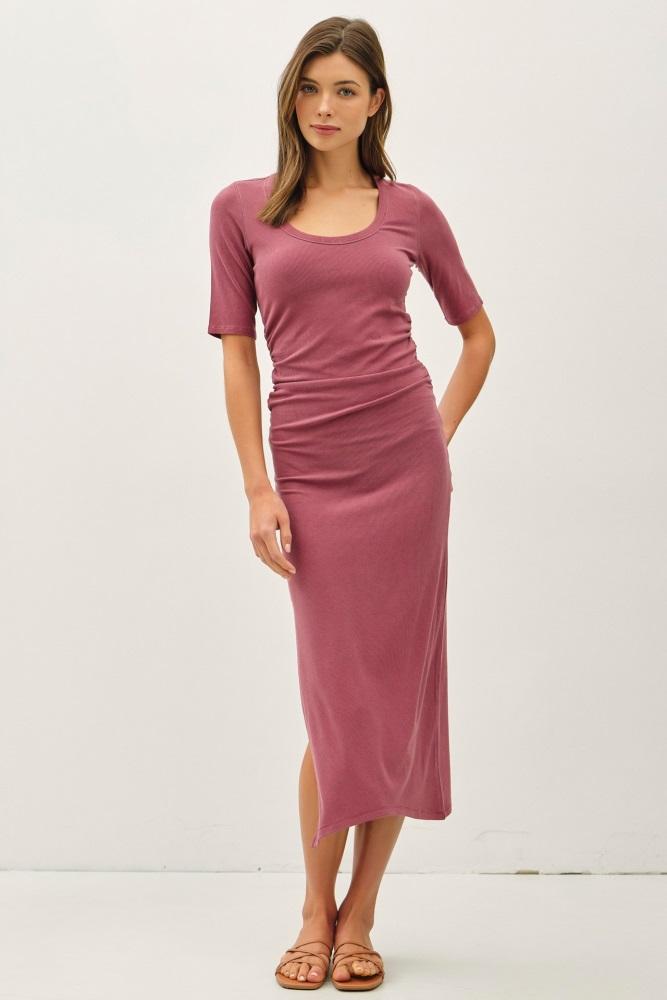 mauve ruched short sleeve side slit midi dress