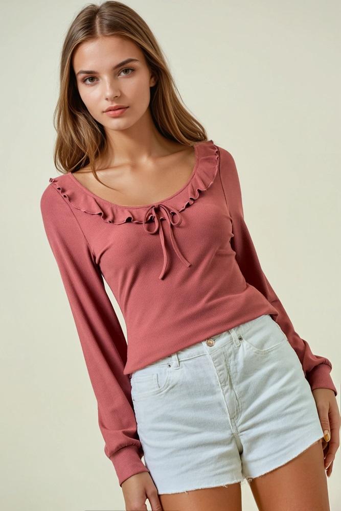 mauve ruffle tie detail long sleeve top