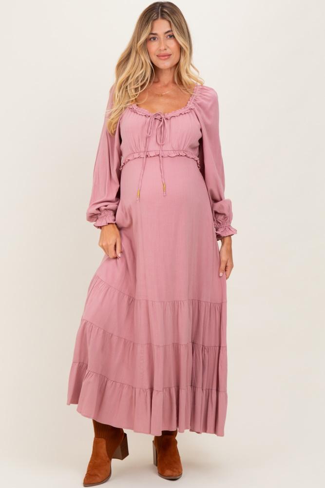 mauve ruffled fit and flare maternity maxi dress