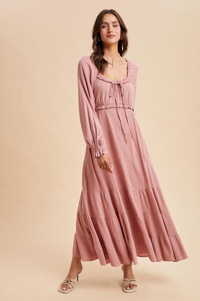 mauve ruffled fit and flare maxi dress