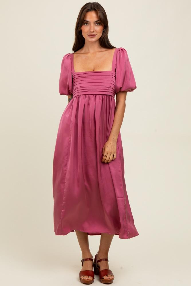 mauve satin pleated bodice puff sleeve midi dress